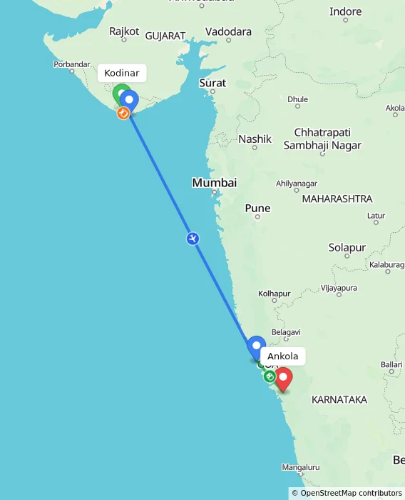 Route map showing distance and travel time from Kodinar, India to Ankola, India
