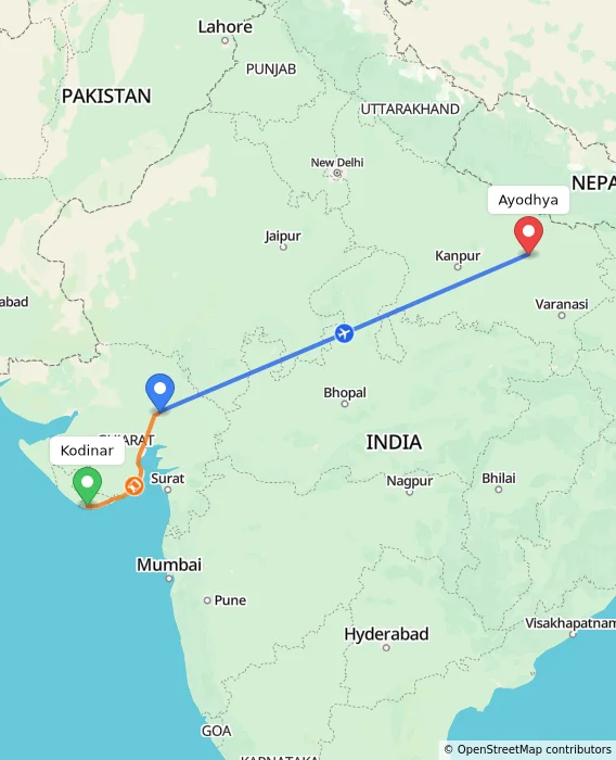 Route map showing distance and travel time from Kodinar, India to Ayodhya, India