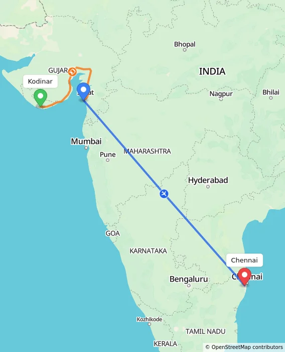 Route map showing distance and travel time from Kodinar, India to Chennai, India
