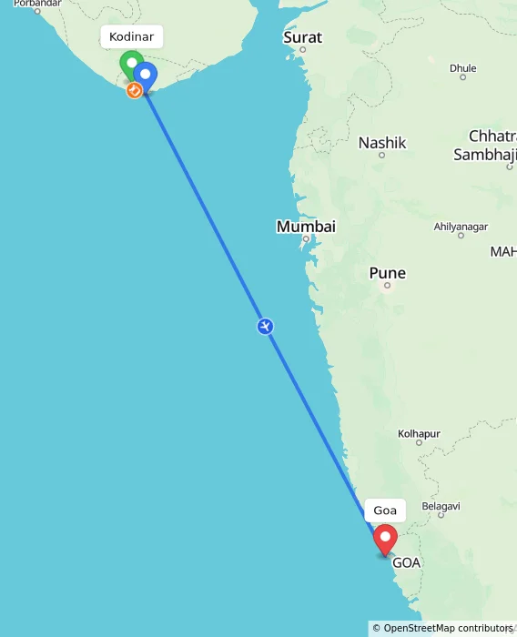 Route map showing distance and travel time from Kodinar, India to Goa, India