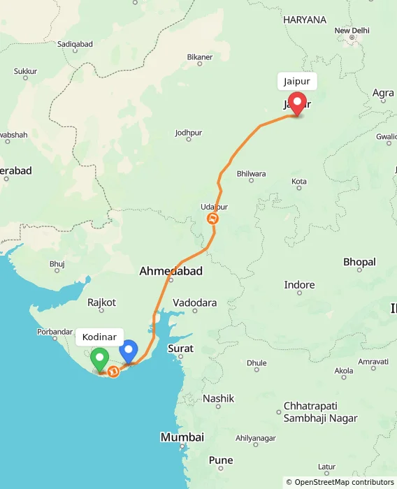 Route map showing distance and travel time from Kodinar, India to Jaipur, India
