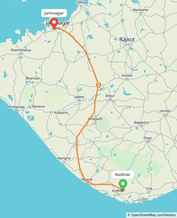 Route map showing distance and travel time from Kodinar, India to Jamnagar, India