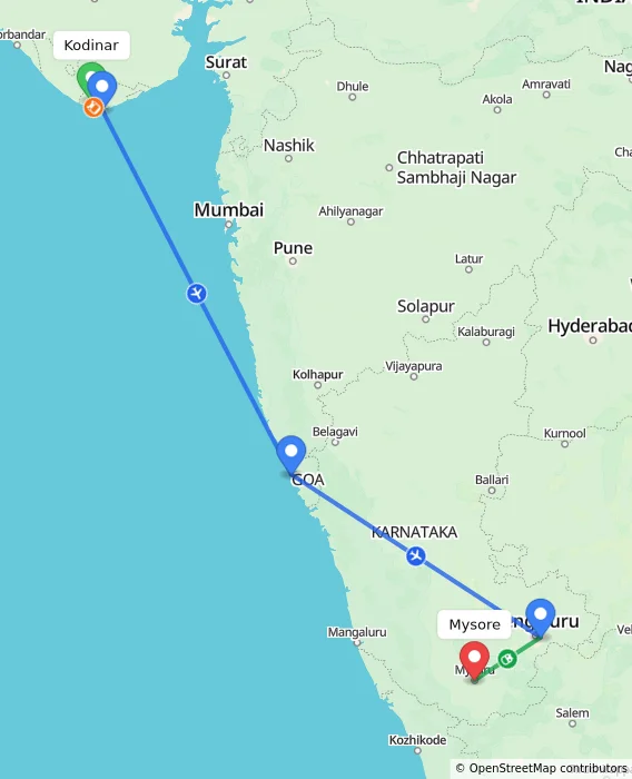 Route map showing distance and travel time from Kodinar, India to Mysore, India