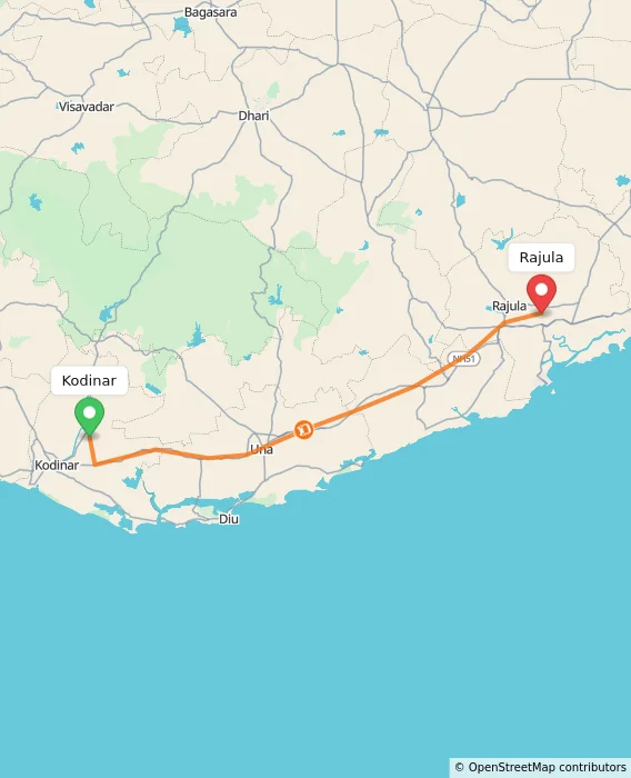 Route map showing distance and travel time from Kodinar, India to Rajula, India