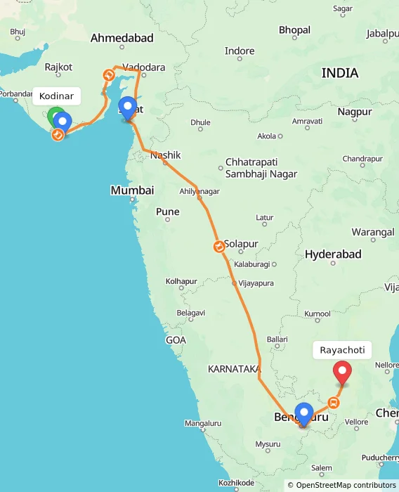 Route map showing distance and travel time from Kodinar, India to Rayachoti, India