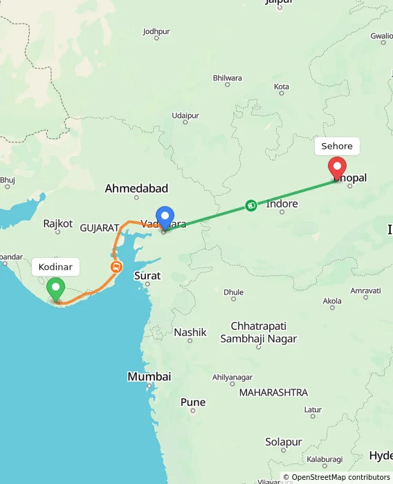 Route map showing distance and travel time from Kodinar, India to Sehore, India