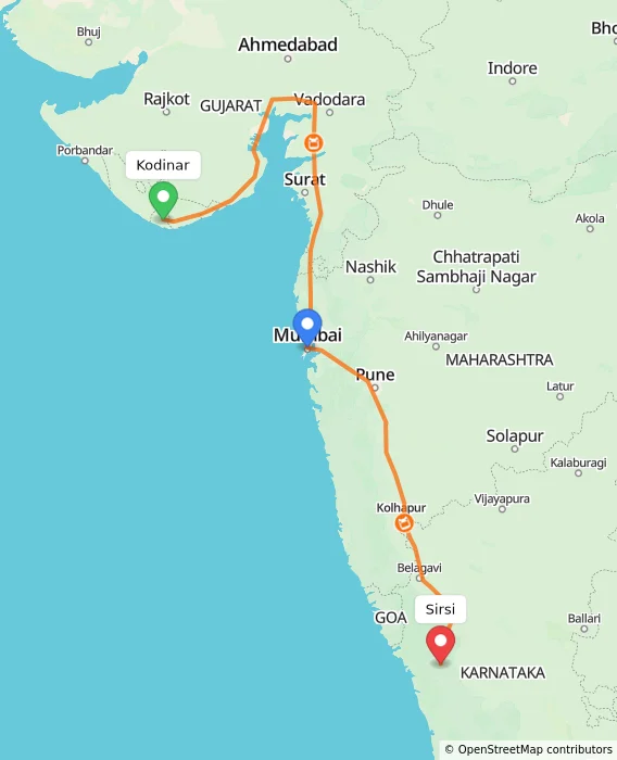 Route map showing distance and travel time from Kodinar, India to Sirsi, India