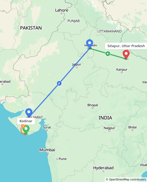 Route map showing distance and travel time from Kodinar, India to Sitapur, Uttar Pradesh, India