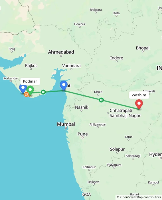Route map showing distance and travel time from Kodinar, India to Washim, India