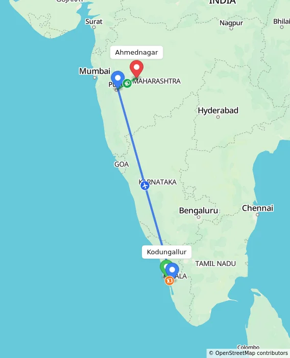 Route map showing distance and travel time from Kodungallur, India to Ahmednagar, India