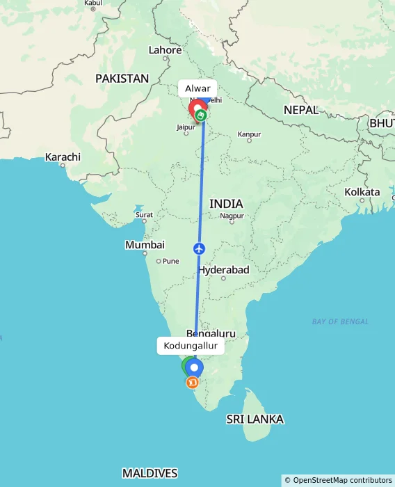 Route map showing distance and travel time from Kodungallur, India to Alwar, India
