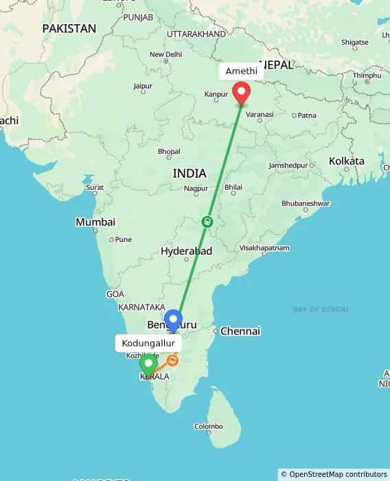 Route map showing distance and travel time from Kodungallur, India to Amethi, India