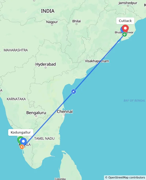Route map showing distance and travel time from Kodungallur, India to Cuttack, India