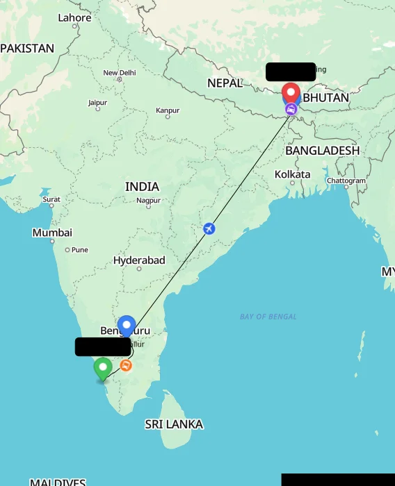 Route map showing distance and travel time from Kodungallur, India to Darjeeling, India