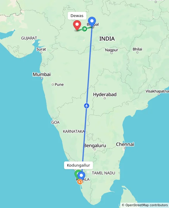 Route map showing distance and travel time from Kodungallur, India to Dewas, India