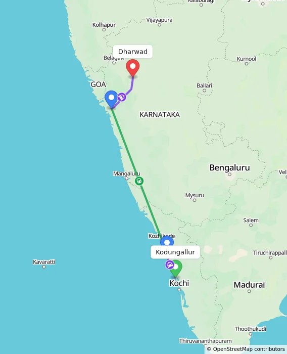 Route map showing distance and travel time from Kodungallur, India to Dharwad, India