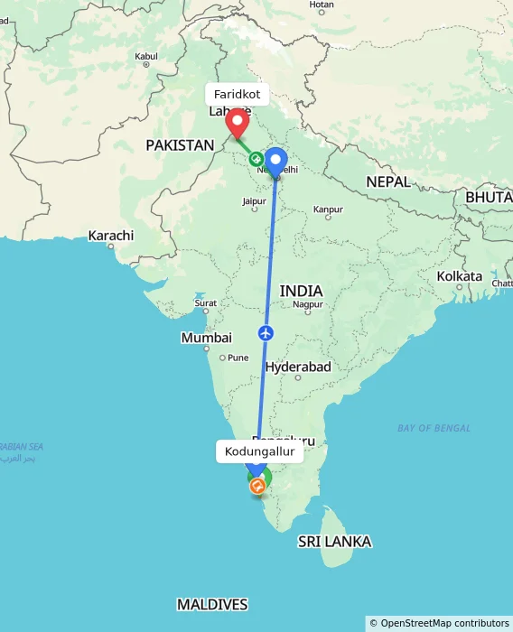 Route map showing distance and travel time from Kodungallur, India to Faridkot, India