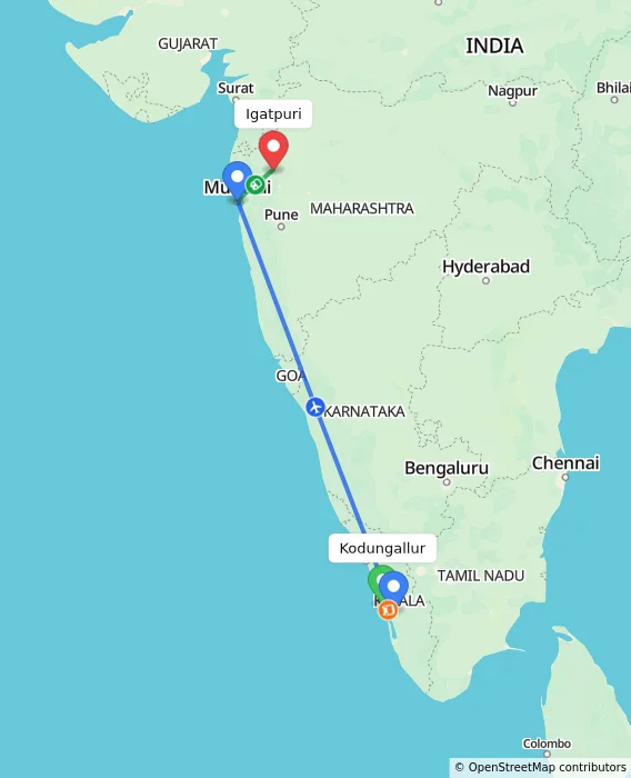 Route map showing distance and travel time from Kodungallur, India to Igatpuri, India
