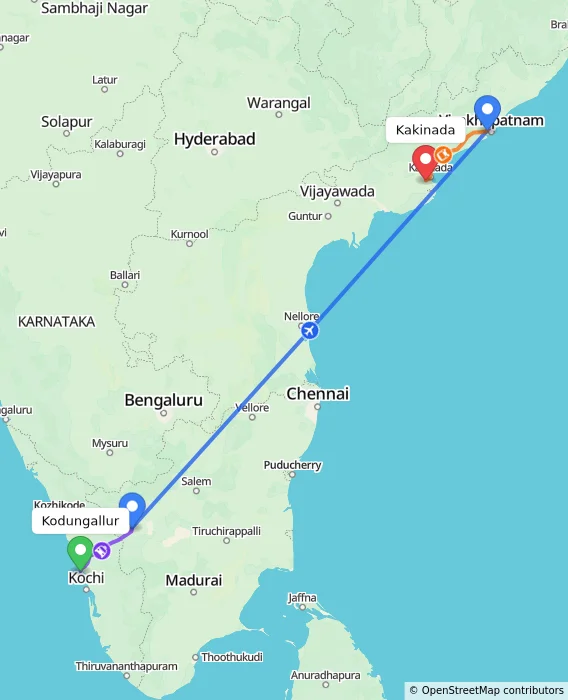 Route map showing distance and travel time from Kodungallur, India to Kakinada, India