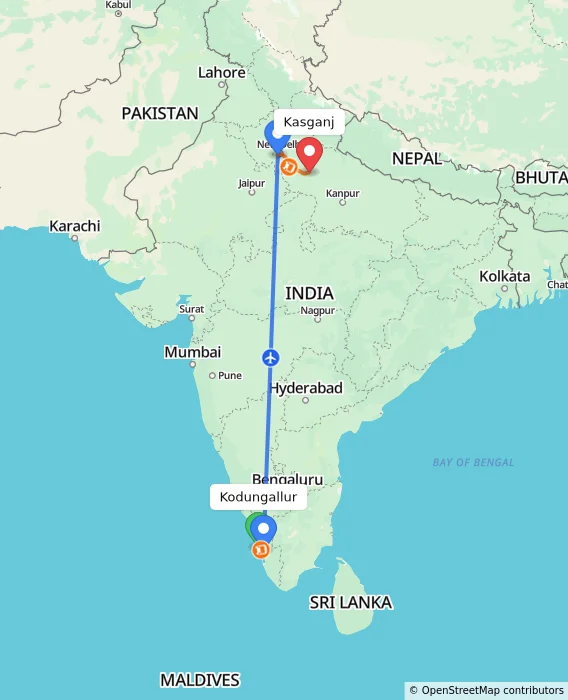 Route map showing distance and travel time from Kodungallur, India to Kasganj, India