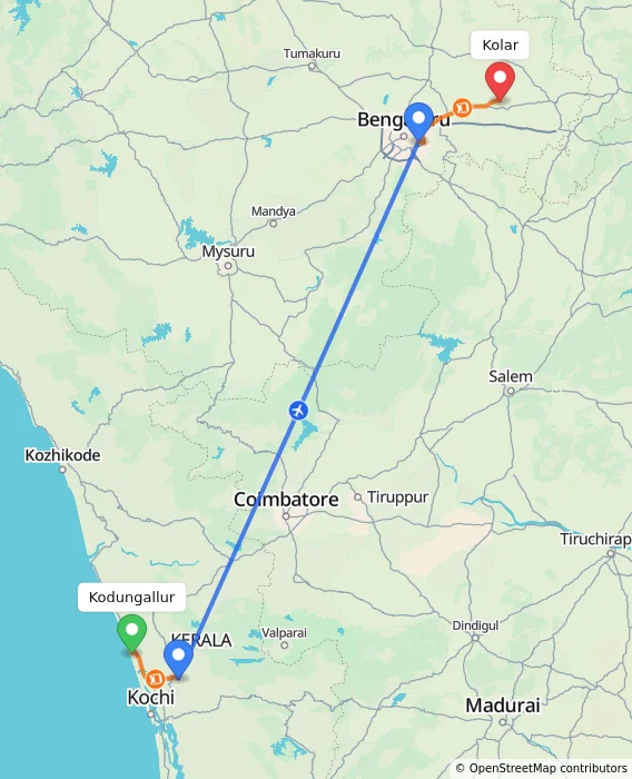 Route map showing distance and travel time from Kodungallur, India to Kolar, India
