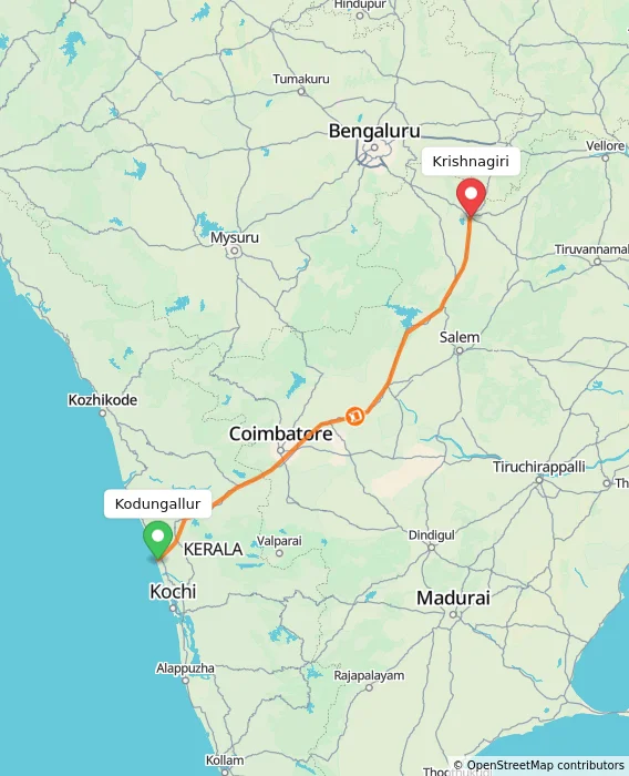 Route map showing distance and travel time from Kodungallur, India to Krishnagiri, India