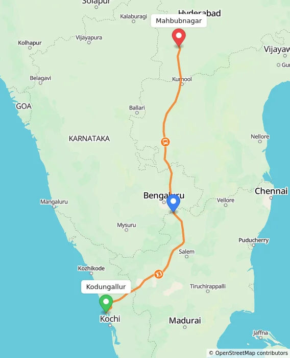 Route map showing distance and travel time from Kodungallur, India to Mahbubnagar, India