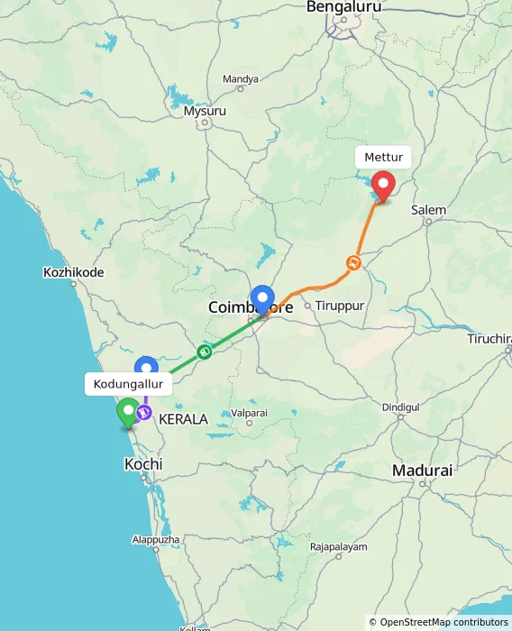 Route map showing distance and travel time from Kodungallur, India to Mettur, India