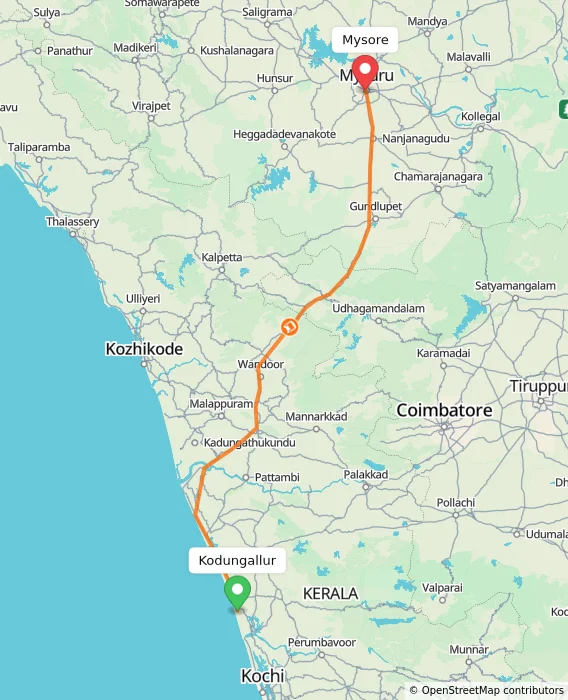 Route map showing distance and travel time from Kodungallur, India to Mysore, India