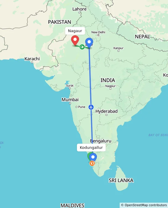 Route map showing distance and travel time from Kodungallur, India to Nagaur, India