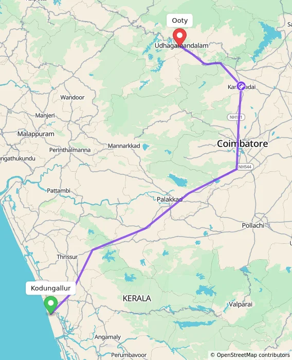 Route map showing distance and travel time from Kodungallur, India to Ooty, India