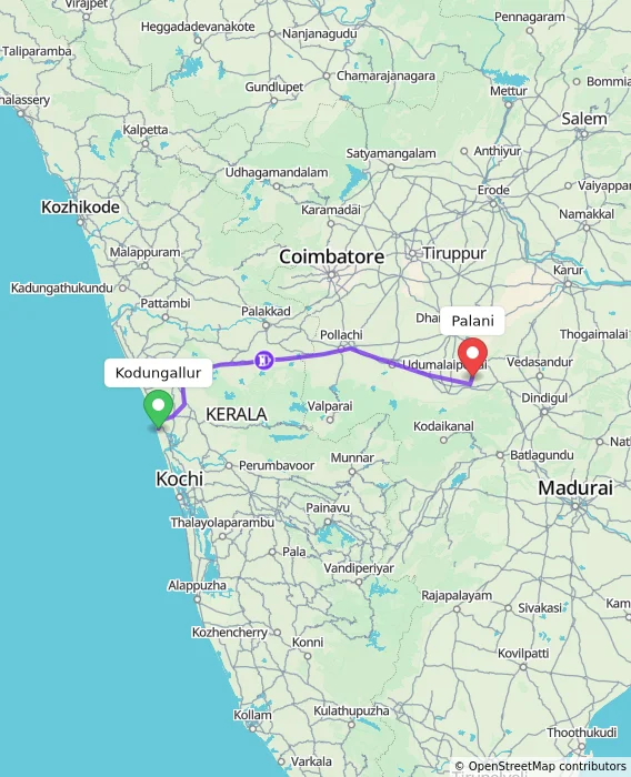 Route map showing distance and travel time from Kodungallur, India to Palani, India