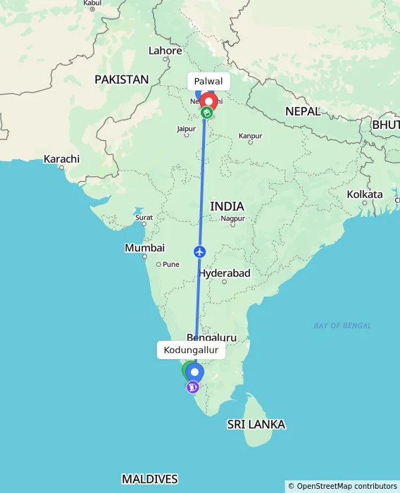 Route map showing distance and travel time from Kodungallur, India to Palwal, India