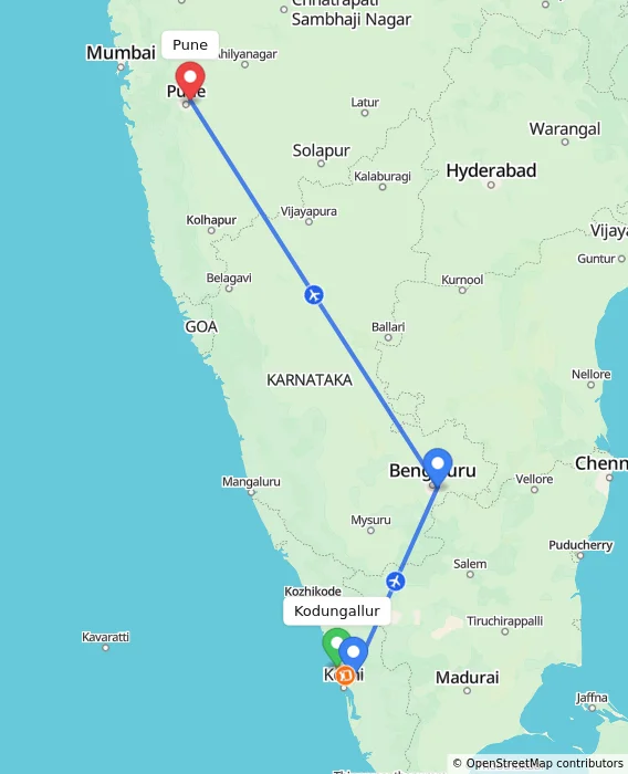 Route map showing distance and travel time from Kodungallur, India to Pune, India
