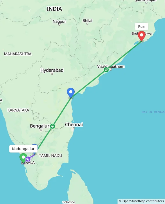 Route map showing distance and travel time from Kodungallur, India to Puri, India