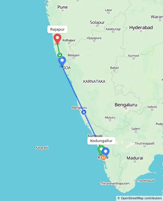 Route map showing distance and travel time from Kodungallur, India to Rajapur, India