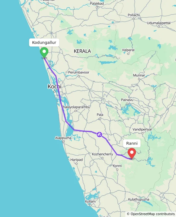 Route map showing distance and travel time from Kodungallur, India to Ranni, India