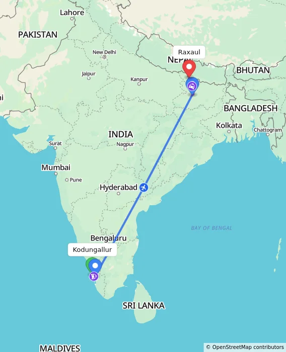 Route map showing distance and travel time from Kodungallur, India to Raxaul, India