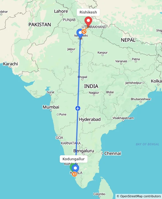 Route map showing distance and travel time from Kodungallur, India to Rishikesh, India