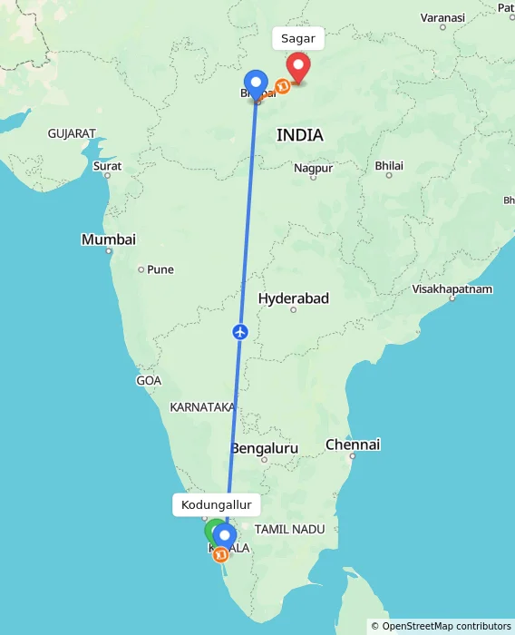Route map showing distance and travel time from Kodungallur, India to Sagar, India