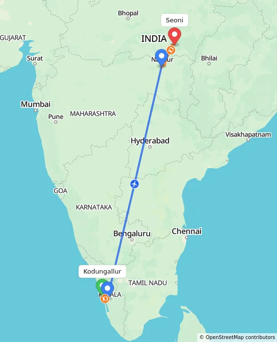 Route map showing distance and travel time from Kodungallur, India to Seoni, India