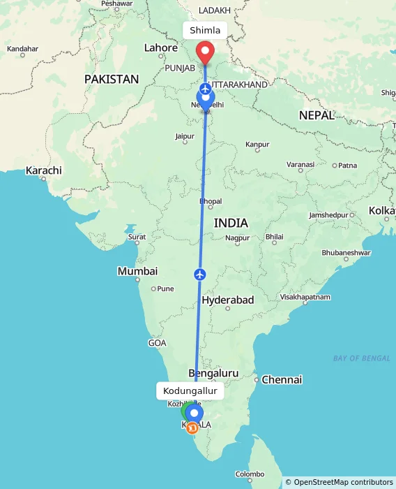 Route map showing distance and travel time from Kodungallur, India to Shimla, India