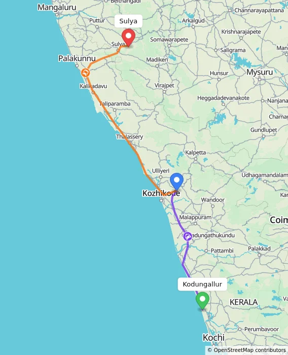 Route map showing distance and travel time from Kodungallur, India to Sulya, India