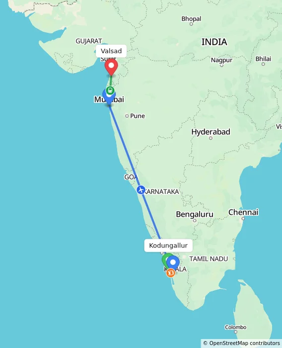 Route map showing distance and travel time from Kodungallur, India to Valsad, India