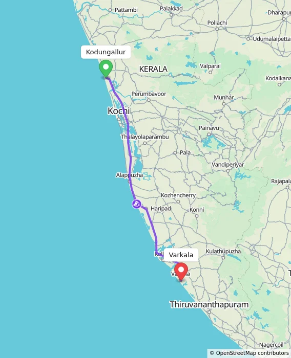 Route map showing distance and travel time from Kodungallur, India to Varkala, India