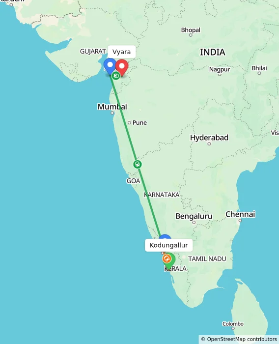 Route map showing distance and travel time from Kodungallur, India to Vyara, India