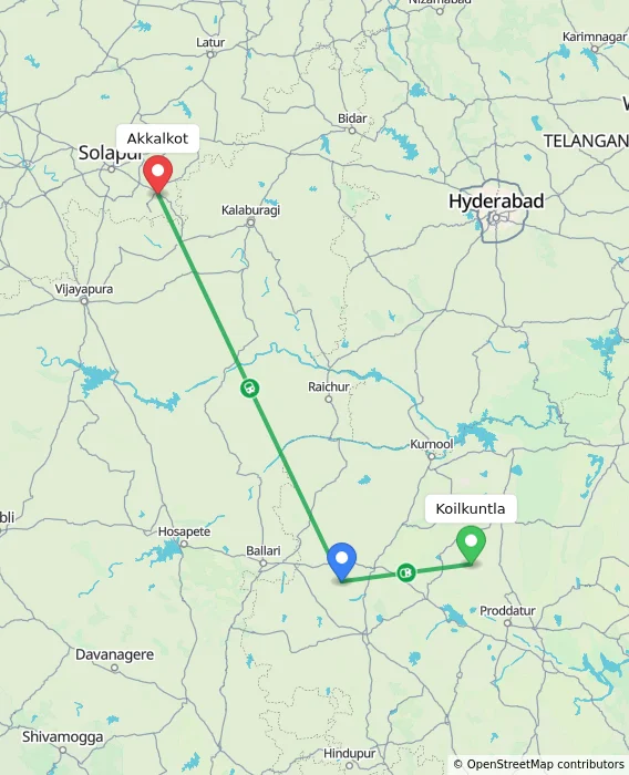 Route map showing distance and travel time from Koilkuntla, India to Akkalkot, India
