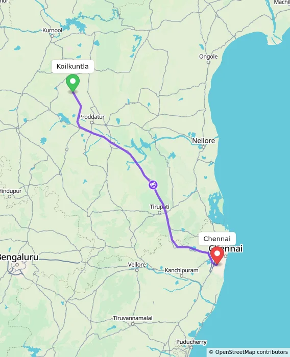 Route map showing distance and travel time from Koilkuntla, India to Chennai, India