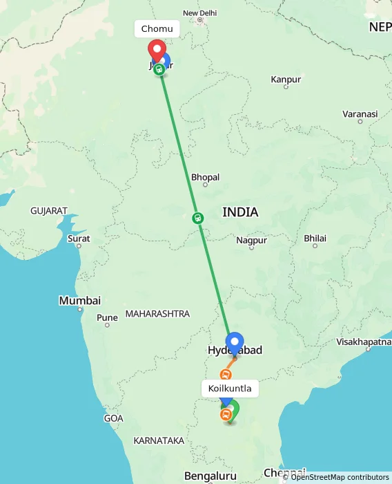 Route map showing distance and travel time from Koilkuntla, India to Chomu, India