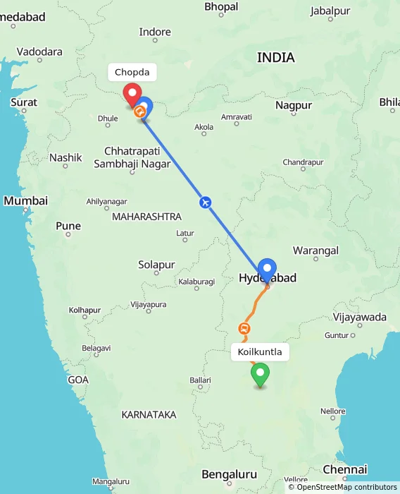 Route map showing distance and travel time from Koilkuntla, India to Chopda, India